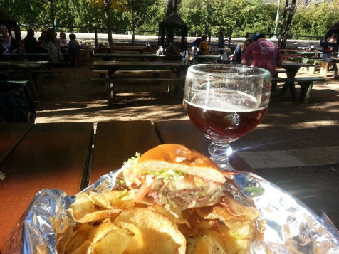 The view from my table at the Katy Trail Ice House in Dallas. Note the perfectly pink color of the burger, the beautiful amber hue of the beer, and the glorious sunshine on the backyard adjacent to the Katy Trail in the near distance.
